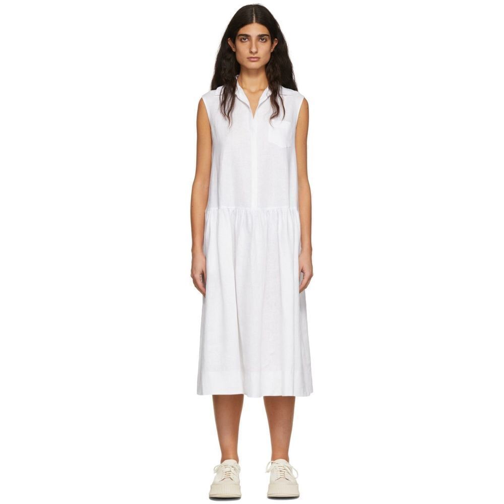 Max Mara Leisure White Linen Midi Drop Waist Getto Sleeveless Dress Size 8